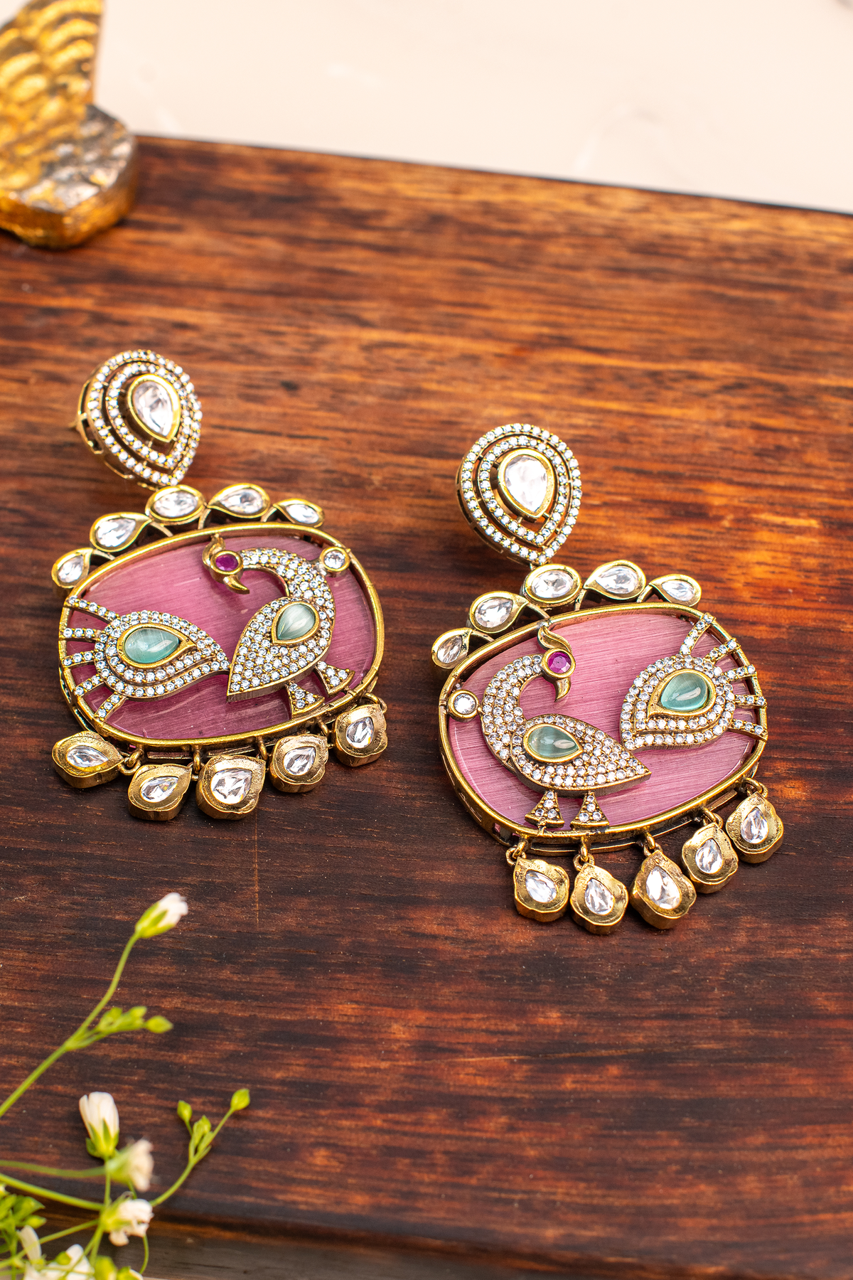 Morni Pink Opal and Polki Earrings