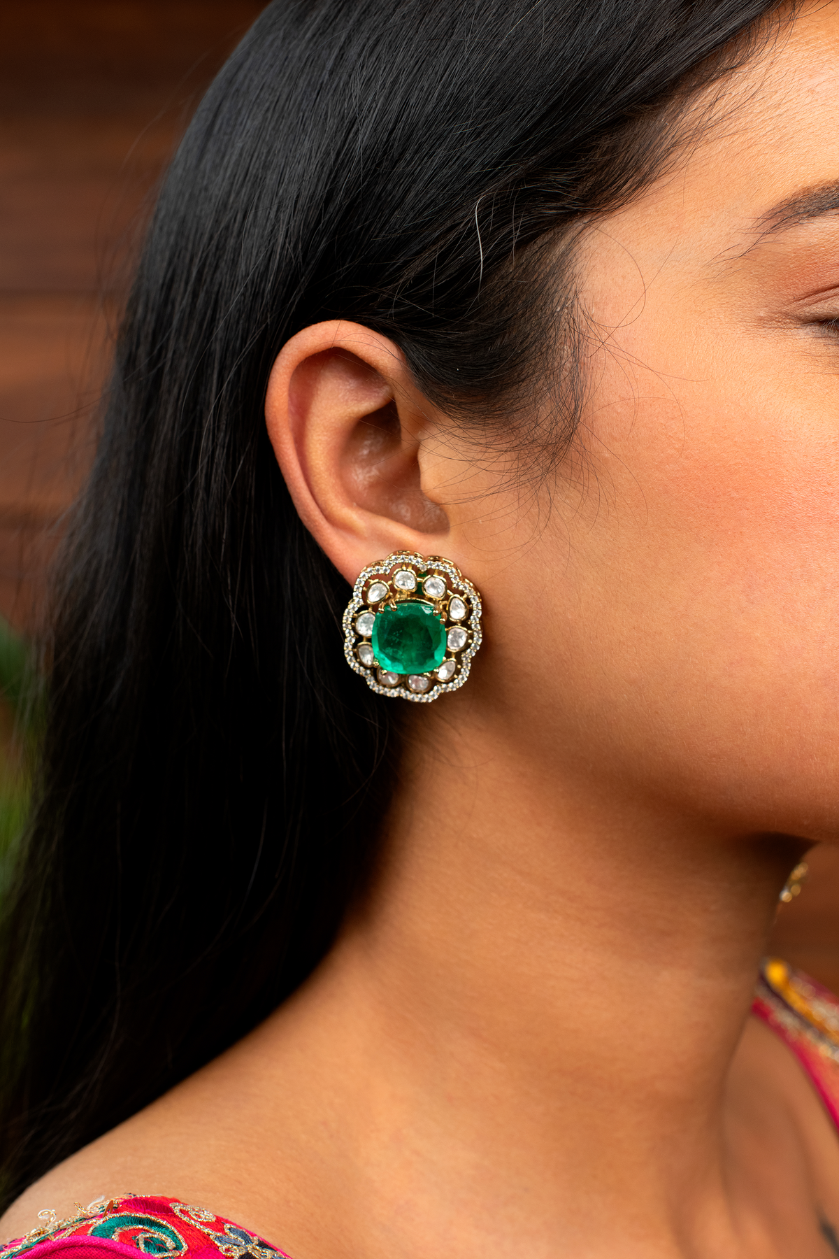 Polki Green Onyx Stud Earrings