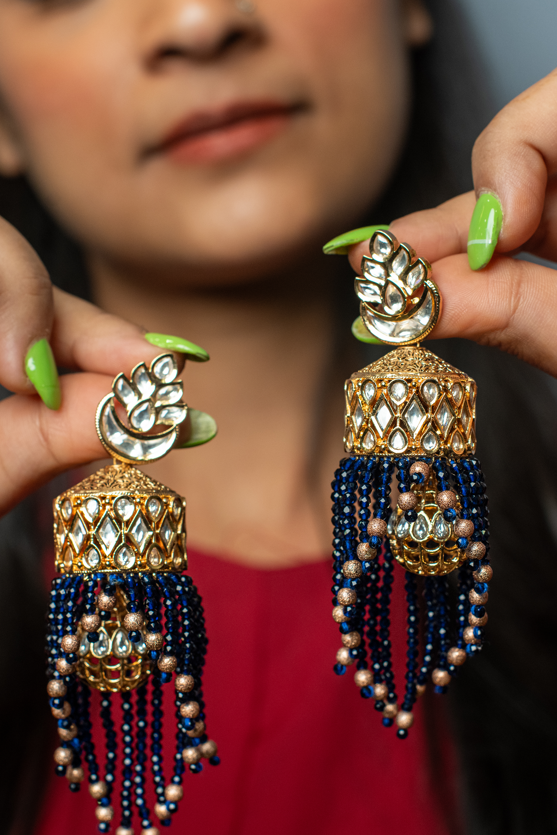 Polki and Blue Beads Jhumka Earrings