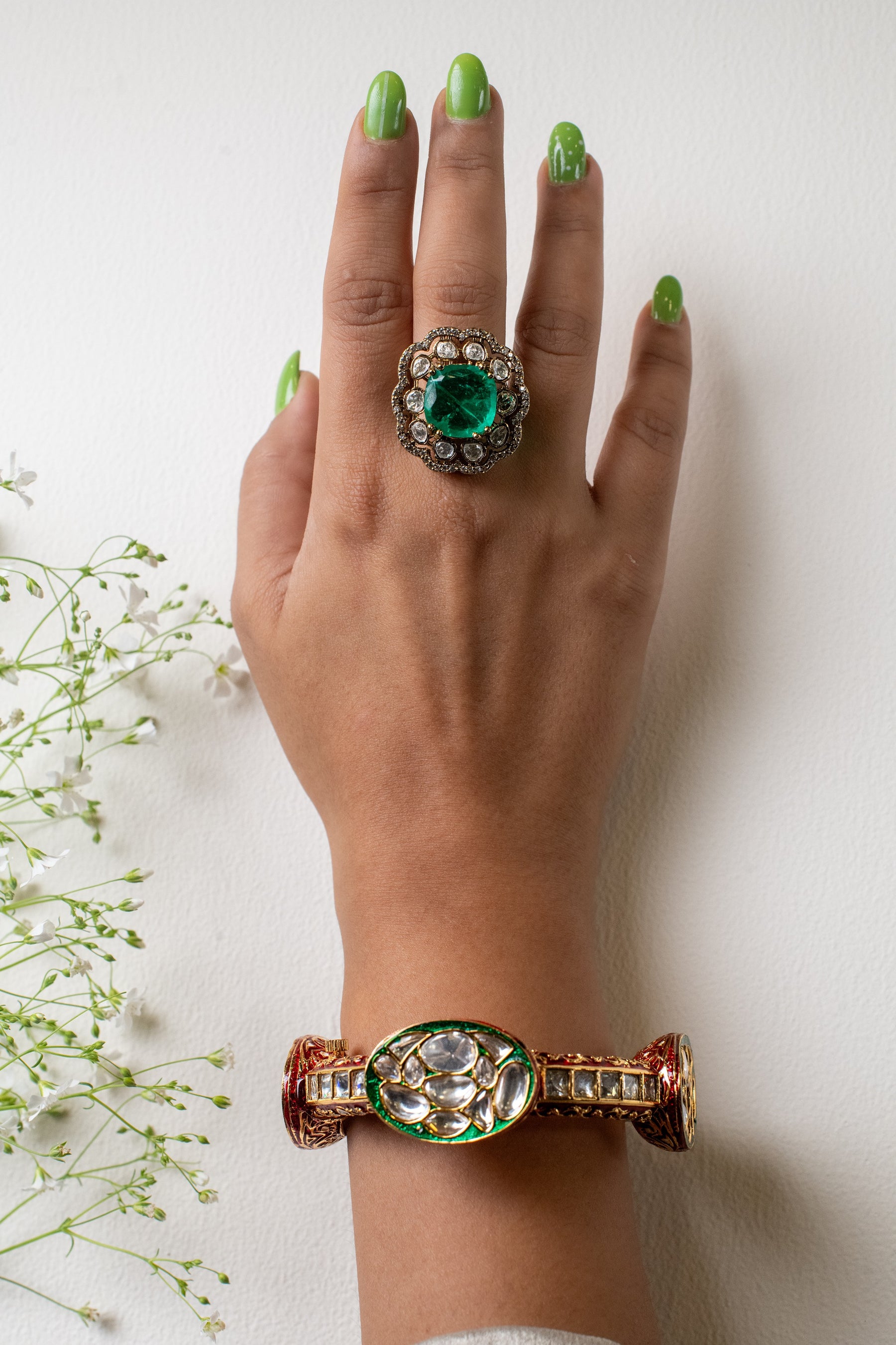 Polki Green Onyx Stud Ring